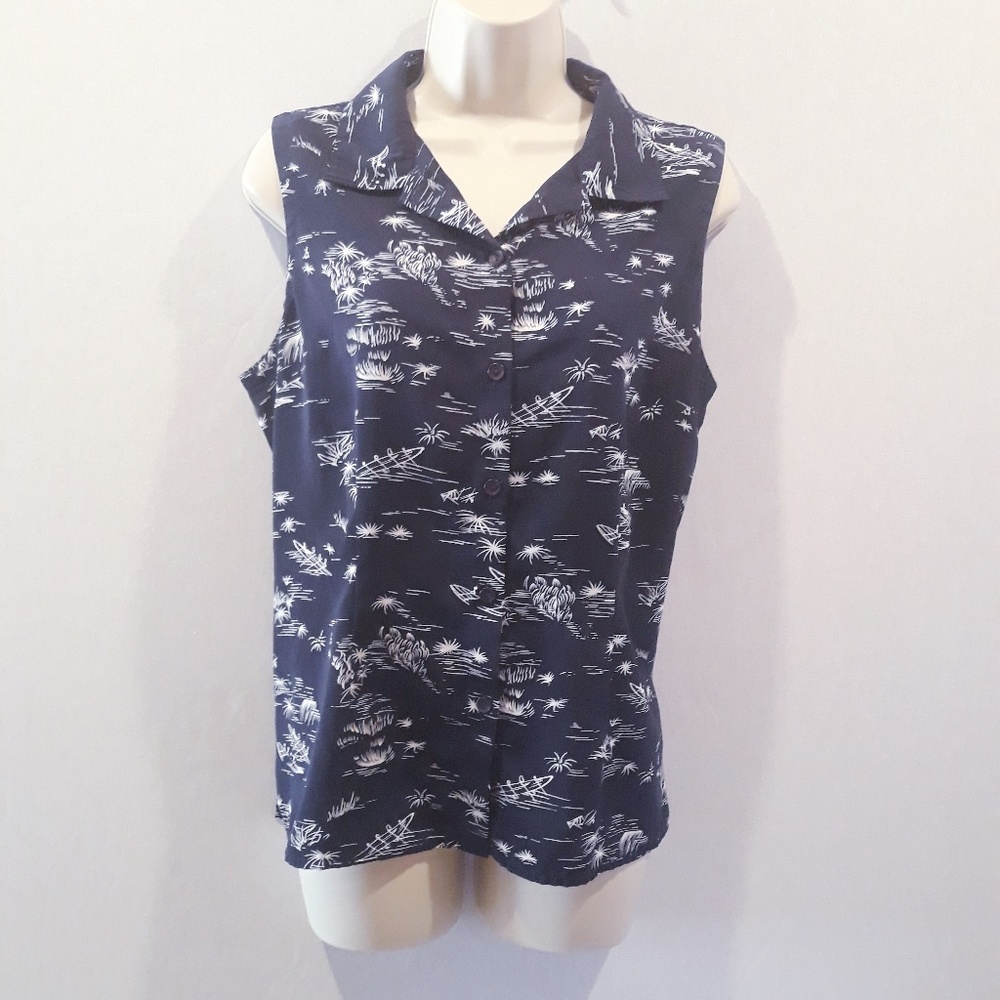 Lake Print Golf Sleeveless Blouse SzL arge A2